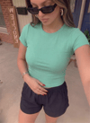 Kadın Mint Yeşili Bisiklet Yaka Kısa Kollu Fitilli Kaşkorse Crop Bluz