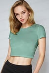 Kadın Mint Yeşili Bisiklet Yaka Kısa Kollu Fitilli Kaşkorse Crop Bluz