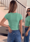 Kadın Mint Yeşili Bisiklet Yaka Kısa Kollu Fitilli Kaşkorse Crop Bluz
