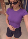 Kadın Mor Bisiklet Yaka Kısa Kollu Fitilli Kaşkorse Crop Bluz