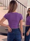 Kadın Mor Bisiklet Yaka Kısa Kollu Fitilli Kaşkorse Crop Bluz