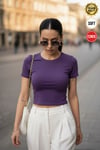 Kadın Mor Bisiklet Yaka Likralı Kısa Kol Body Crop T-Shirt