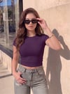 Kadın Mor Bisiklet Yaka Likralı Kısa Kol Body Crop T-Shirt