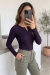 Kadın Mor Düğme Detaylı Patlı Düğmeli Bisiklet Yaka Uzun Kollu Fitilli Kaşkorse Bluz Body