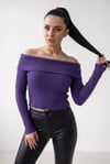 Kadın Mor Madonna Yarı Crop Fitilli Bluz Kazak