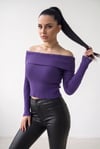 Kadın Mor Madonna Yarı Crop Fitilli Bluz Kazak