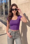 Kadın Mor U Yaka Kısa Kollu Fitilli Kaşkorse Body T-Shirt