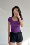 Kadın Mor U Yaka Kısa Kollu Fitilli Kaşkorse Bluz Body