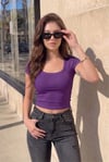 Kadın Mor U Yaka Kısa Kollu Fitilli Kaşkorse Bluz Body