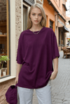 Kadın Mürdüm Basic Düz Baskısız Oversize Salas T-Shirt