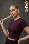 Kadın Mürdüm Bisiklet Yaka Likralı Kısa Kol Body Crop Bluz