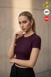 Kadın Mürdüm Bisiklet Yaka Likralı Kısa Kol Body Crop Bluz