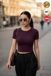 Kadın Mürdüm Bisiklet Yaka Likralı Kısa Kol Body Crop T-Shirt