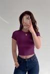 Kadın Mürdüm Bisiklet Yaka Likralı Kısa Kol Body Crop T-Shirt