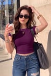Kadın Mürdüm Bisiklet Yaka Likralı Kısa Kol Body Crop T-Shirt