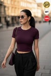 Kadın Mürdüm Bisiklet Yaka Likralı Kısa Kol Body Crop T-Shirt