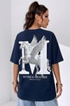 Kadın Mythical Pegasus Baskılı Lacivert Bisiklet Yaka Oversize Salaş T-Shirt