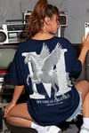 Kadın Mythical Pegasus Baskılı Lacivert Bisiklet Yaka Oversize Salaş T-Shirt