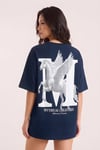 Kadın Mythical Pegasus Baskılı Lacivert Bisiklet Yaka Oversize Salaş T-Shirt