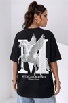 Kadın Mythical Pegasus Baskılı Siyah Bisiklet Yaka Oversize Salaş T-Shirt