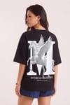 Kadın Mythical Pegasus Baskılı Siyah Bisiklet Yaka Oversize Salaş T-Shirt