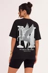 Kadın Mythical Pegasus Baskılı Siyah Bisiklet Yaka Oversize Salaş T-Shirt