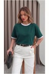 Kadın Nefti Yeşil Beyaz Biye Garnili Orta Kalın Soft Kumaş Bisiklet Yaka Yarım Oversize Salaş T-shirt