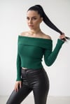 Kadın Nefti Yeşil Madonna Yarı Crop Fitilli Bluz Kazak