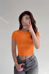 Kadın Oranj Bisiklet Yaka Likralı Kısa Kol Body Crop T-Shirt