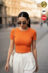 Kadın Oranj Bisiklet Yaka Likralı Kısa Kol Body Crop T-Shirt