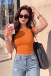 Kadın Oranj Bisiklet Yaka Likralı Kısa Kol Body Crop T-Shirt