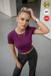 Kadın Parlak Mürdüm Bisiklet Yaka Likralı Kısa Kol Body Crop Bluz