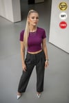 Kadın Parlak Mürdüm Bisiklet Yaka Likralı Kısa Kol Body Crop Bluz