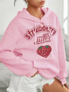 Kadın Pembe Çilek Baskılı 3 iplik Şardonlu Kapüşonlu Kanguru Cepli Oversize Salaş Hoodie Sweatshirt