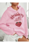 Kadın Pembe Çilek Baskılı 3 iplik Şardonlu Kapüşonlu Kanguru Cepli Oversize Salaş Hoodie Sweatshirt
