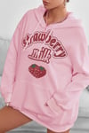 Kadın Pembe Çilek Baskılı 3 iplik Şardonlu Kapüşonlu Kanguru Cepli Oversize Salaş Hoodie Sweatshirt