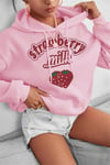 Kadın Pembe Çilek Baskılı 3 iplik Şardonlu Kapüşonlu Kanguru Cepli Oversize Salaş Hoodie Sweatshirt