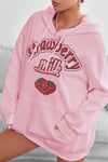 Kadın Pembe Çilek Baskılı 3 iplik Şardonlu Kapüşonlu Kanguru Cepli Oversize Salaş Hoodie Sweatshirt
