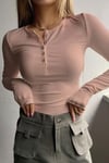 Kadın Pembe Düğme Detaylı Patlı Düğmeli Bisiklet Yaka Uzun Kollu Fitilli Kaşkorse Bluz Body