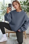Kadın Petrol Füme Basic 0 Sıfır Yaka Baskısız Düz Oversize Salaş Bol Kesim Polar Sweatshirt