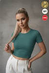 Kadın Petrol Yeşili Bisiklet Yaka Likralı Kısa Kol Body Crop Bluz