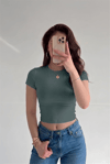 Kadın Petrol Yeşili Bisiklet Yaka Likralı Kısa Kol Body Crop T-Shirt