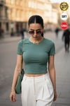 Kadın Petrol Yeşili Bisiklet Yaka Likralı Kısa Kol Body Crop T-Shirt