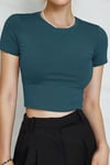 Kadın Petrol Yeşili Bisiklet Yaka Likralı Kısa Kol Body Crop Bluz