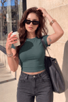 Kadın Petrol Yeşili Bisiklet Yaka Likralı Kısa Kol Body Crop T-Shirt