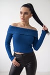 Kadın Saks Mavi Madonna Yarı Crop Fitilli Bluz Kazak
