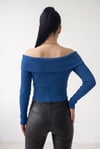 Kadın Saks Mavi Madonna Yarı Crop Fitilli Bluz Kazak
