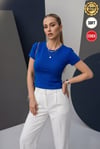 Kadın Saks Mavi Renkli Bisiklet Yaka Likralı Kısa Kol Body Crop Bluz