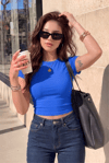 Kadın Saks Mavisi Bisiklet Yaka Kısa Kollu Fitilli Kaşkorse Crop Bluz