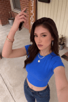 Kadın Saks Mavisi Bisiklet Yaka Kısa Kollu Fitilli Kaşkorse Crop Bluz